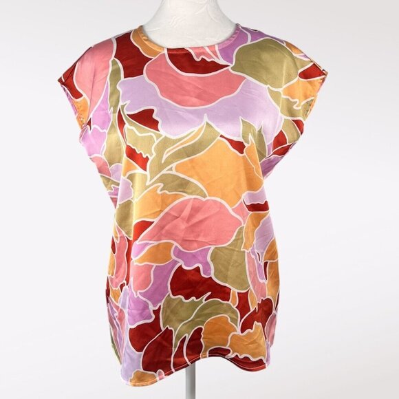 NWT Halogen Abstract Floral Print Cap Sleeve Blouse Pink Orange Lightweight XS - Picture 2 of 11